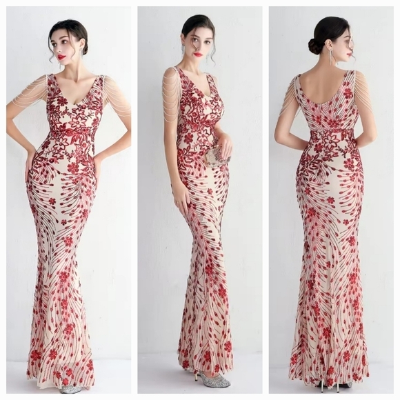 Red, Floral Print,  V Neck, Beaded Draped Sleeves,  Sequined Mermaid Gown - Picture 2 of 16